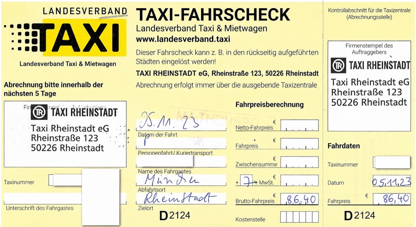 Completed taxi voucher form with stamps and fare amount